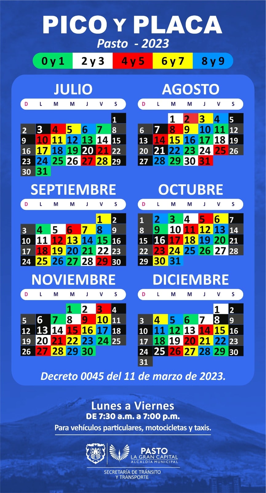 Calendario de Pico y Placa 2023 en Pasto. Foto: Alcaldía de Pasto. 